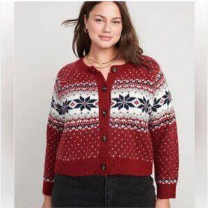 Old Navy Women's Y2K Red Fair Isle Cardigan Snowflake Sweater, Small